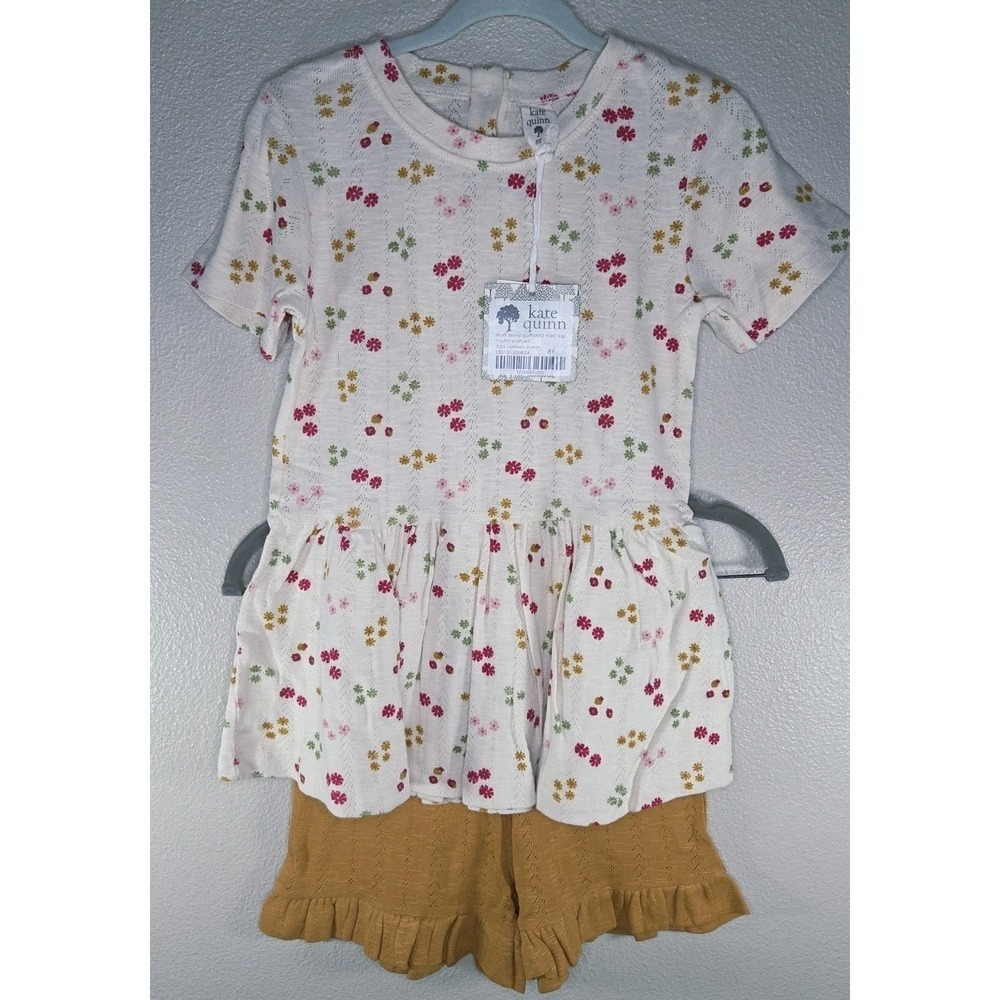 Kate Quinn Pointelle Ditsy Oatmeal Flower Peplum Top & Ruffle Shorts Set 8Y NWT